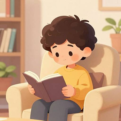 Digital cartoon of a cute, young boy with curly black hair, wearing a yellow sweater, reading a book in a cozy, sunlit armchair.