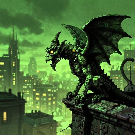 Digital illustration of a dark, green-scaled, glowing-eyed dragon with large wings perched on a Gothic-style rooftop, overlooking a neon-lit,
