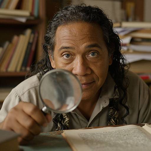 Photograph of an older man with long, wavy black hair, holding a magnifying glass, examining an open book in a cluttered library.