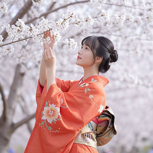 Young Asian woman in red floral kimono reaches for cherry blossoms, sunlight filtering through branches, serene springtime scene. Photograph.