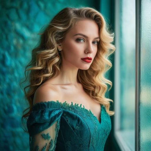 Blonde Woman in Elegant Teal Dress