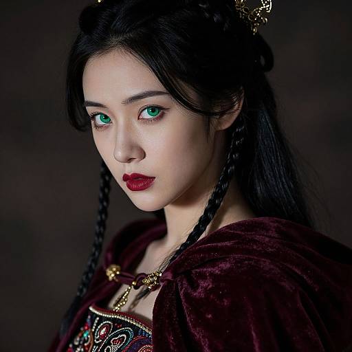 Photograph of an East Asian woman with pale skin, green eyes, dark red lipstick, black braided hair, and a burgundy velvet cloak,