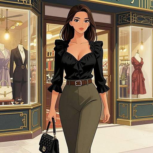 Digital anime-style illustration of a confident woman with long brown hair, wearing a black ruffled blouse and olive pants, holding a black handbag, standing