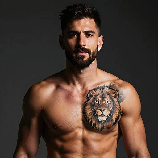 Dramatic Portrait of Muscular Man with Lion Tattoo