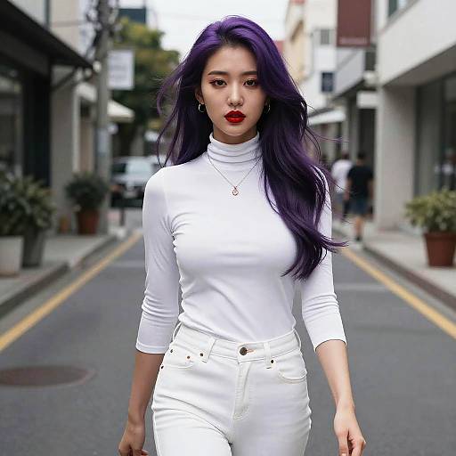 Korean Woman with Purple Hair Walking on Street