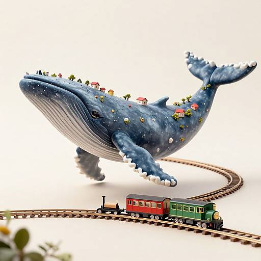 Photograph of a whimsical, blue, giant whale with small houses and trees on its back, flying above train tracks with colorful trains below.