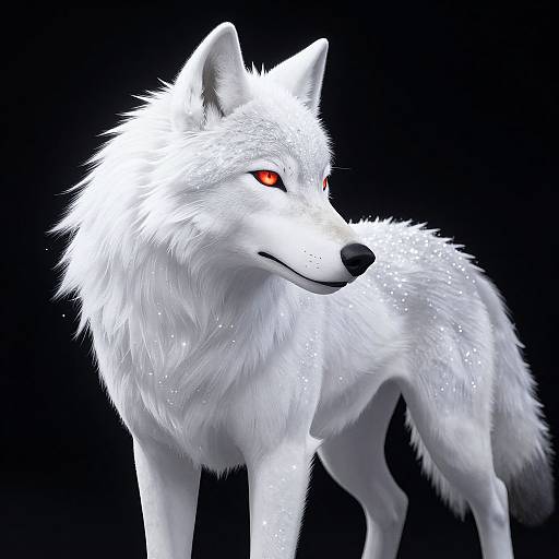 Digital illustration of a white wolf with glowing red eyes and sparkling fur, standing against a solid black background.