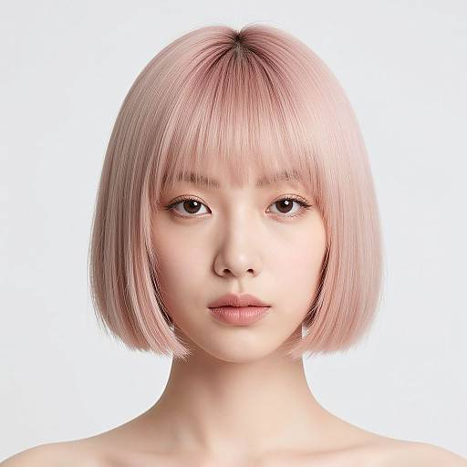 CGI portrait of a young Asian woman with a straight, pastel pink bob haircut, fair skin, and neutral expression against a white background.