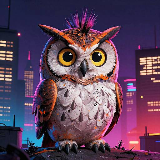 Punk Rock Owl in Neon Cityscape