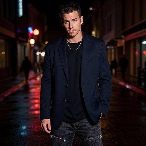 Photograph of a handsome man with short dark hair, wearing a black blazer, black shirt, and jeans, standing on a wet, neon-l
