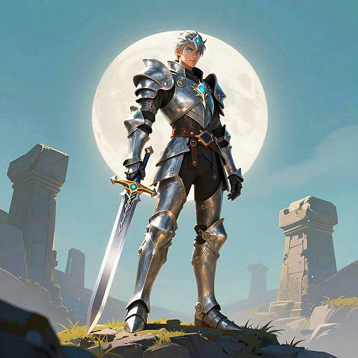 Digital art of a silver-armored knight with a glowing blue gem, standing heroically with a sword, moon behind, ancient ruins.