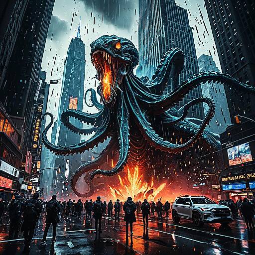 Gigantic Bio-luminescent Kraken in Futuristic New York