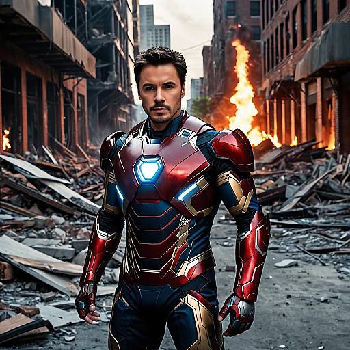 Male Superhero in Iron Man Suit in Ruined Urban Street
