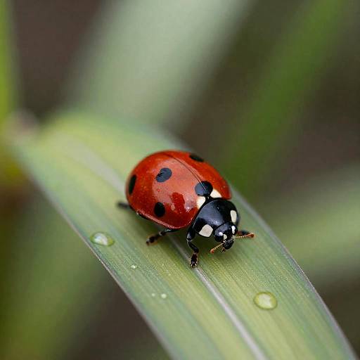 Close-Up of Red Ladybug on Dewy Leaf