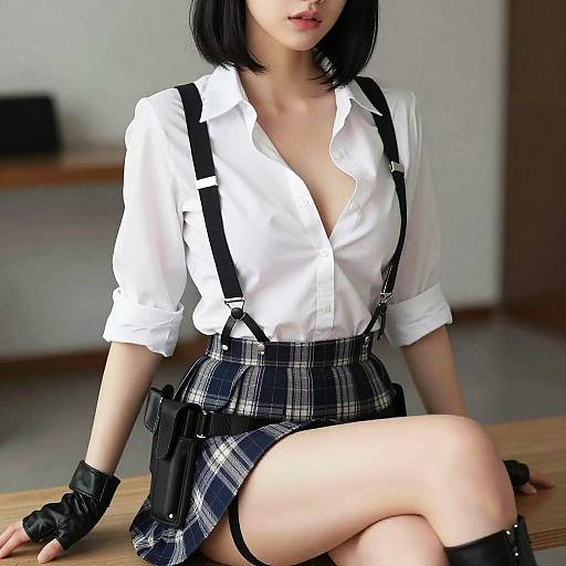 Photograph of an Asian woman with black bob haircut, white unbuttoned shirt, black suspenders, plaid skirt, black fingerless gloves,