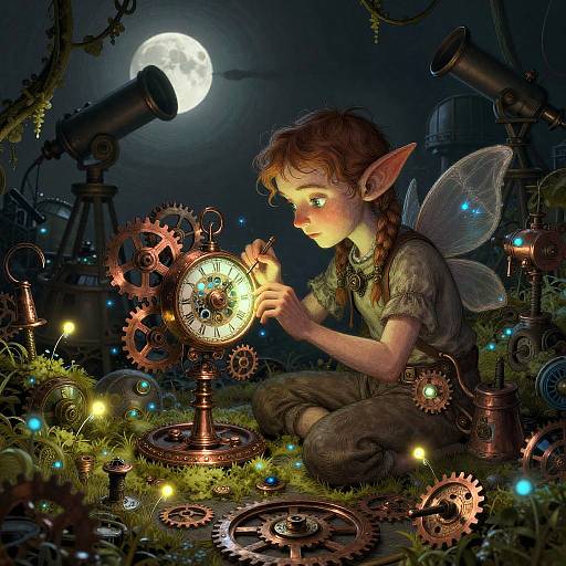 Clockwork Fae Tinkerer in Moonlit Observatory