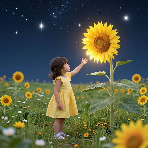 Photograph of a young girl in a yellow dress touching a glowing sunflower under a starry night sky, surrounded by a sunflower field.
