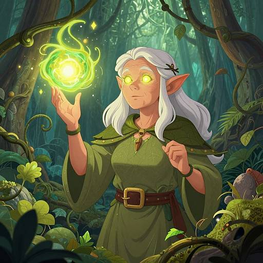 Digital fantasy illustration of a white-haired, glowing-eyed elf woman in a green robe, holding a bright green magical fire in a lush, enchanted forest.