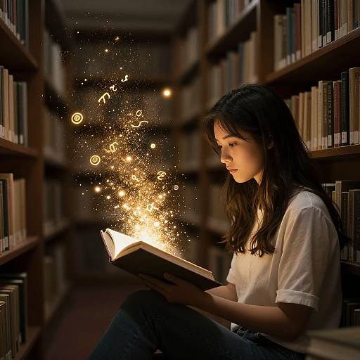 Photograph of a young woman with long brown hair, wearing a white shirt, reading a book in a dimly lit library, with magical golden sparks