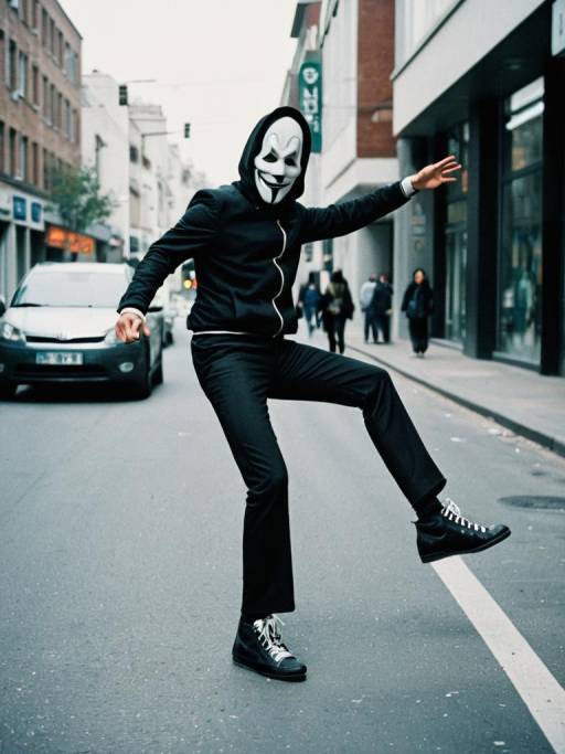 Man in Mask and Hoodie Striking Pose on Urban Street