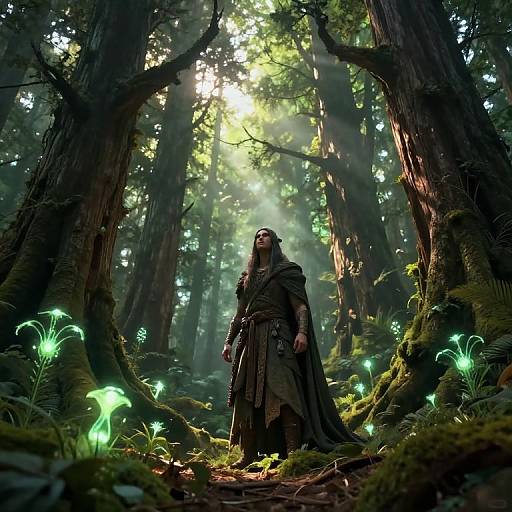 Digital fantasy artwork of a long-haired, cloaked figure standing in a moonlit, enchanted forest with glowing mushrooms and tall trees.