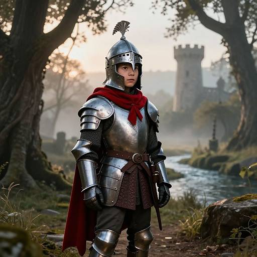 Young Boy in Medieval Armor at Dawn