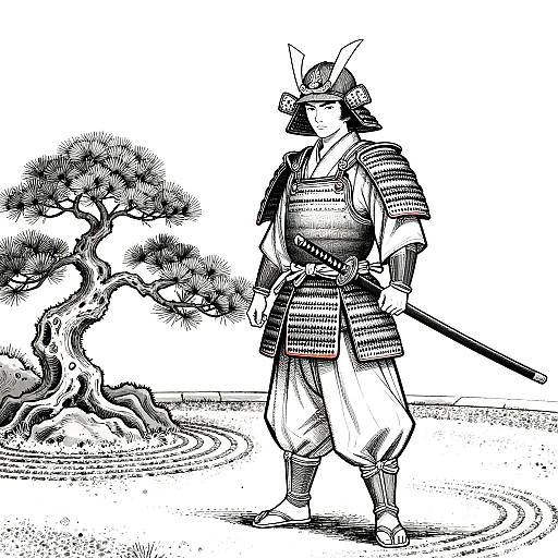 Elegant Samurai Line Art Illustration