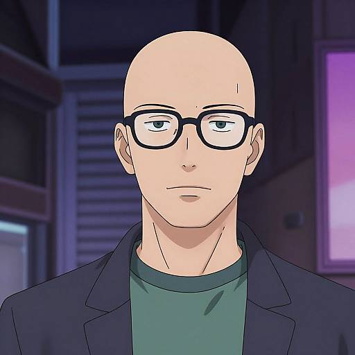 Digital anime-style portrait of a bald, fair-skinned man with black-rimmed glasses, wearing a dark blazer over a green shirt, against