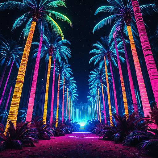 Neon Lit Palm Forest at Night