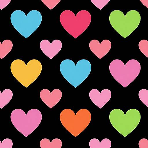 Pattern of colorful hearts (pink, blue, yellow, green, orange) on a black background, evenly spaced, digital art, bright and playful.