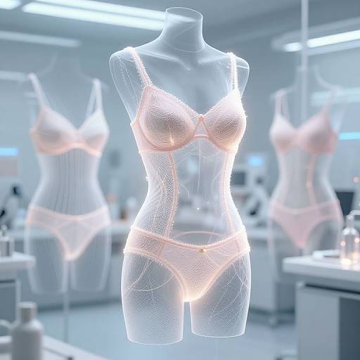 Photorealistic CGI of a glowing white lingerie mannequin with pink lace details, illuminated in a modern, bright, and sterile clothing store.