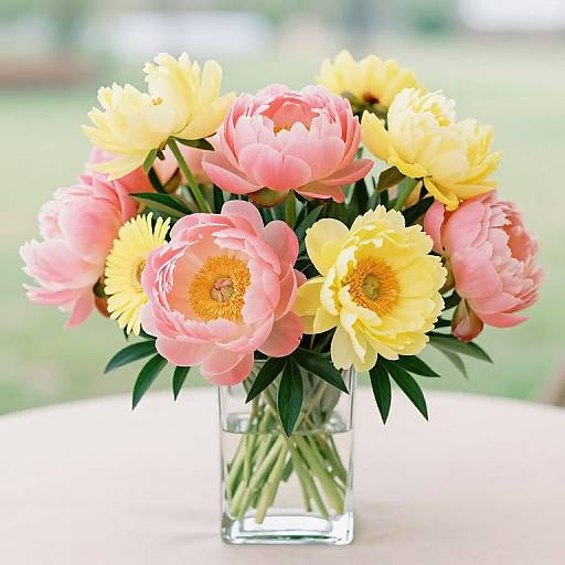 Photograph of a clear glass vase holding a bouquet of pink and yellow peonies with green leaves, set against a blurred outdoor background.