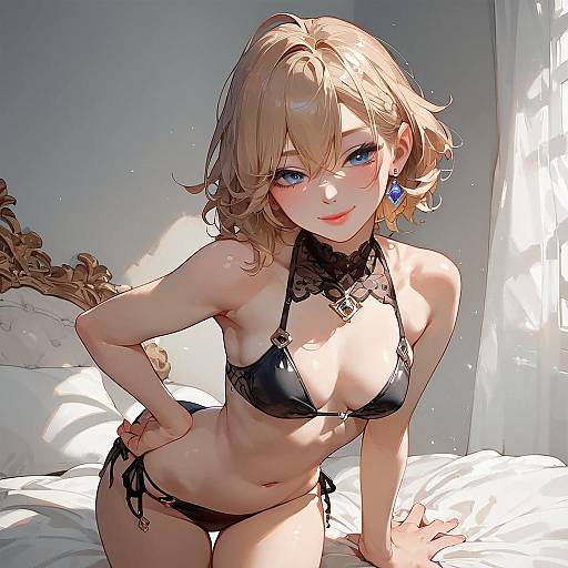 Blonde Anime Girl in Black Bikini