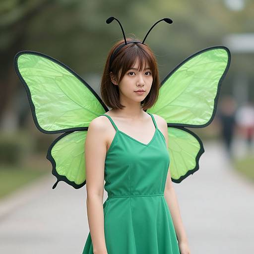 Photograph of an Asian woman with short brown hair, wearing a green dress, black antennae headband, and neon green butterfly wings, standing on
