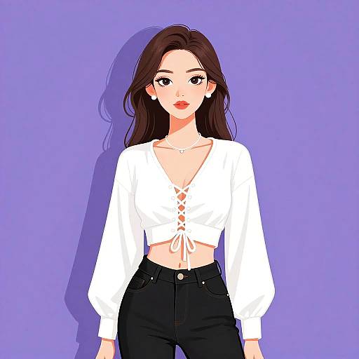 Digital anime-style drawing of a young woman with long brown hair, wearing a white lace-up crop top and black high-waisted pants, against a