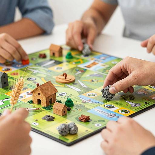 Photograph of two hands placing game pieces on a colorful, detailed board game featuring houses, trees, and rocks, with a blurred background.