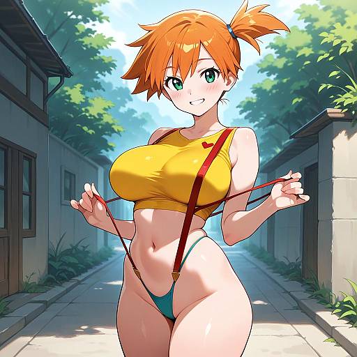Digital anime-style drawing of a cute, orange-haired girl with green eyes, large breasts, and slim waist, wearing a yellow crop top and green th