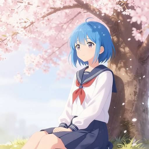 Anime-style digital drawing of a blue-haired girl in a sailor uniform sitting under cherry blossom tree, with petals falling.