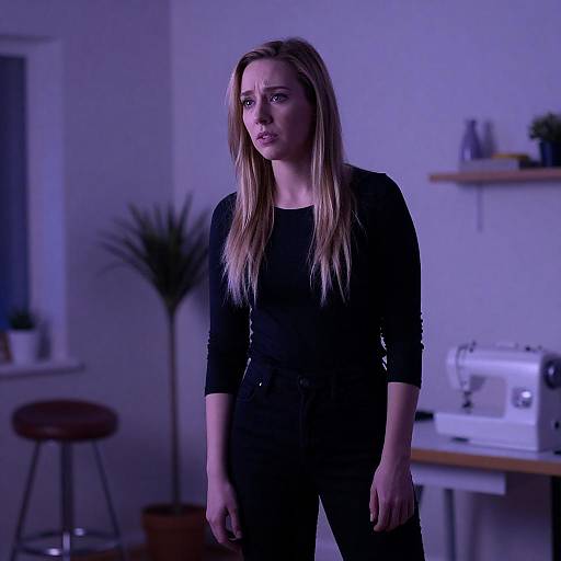 Concerned Blonde in Purple Studio