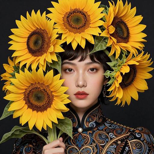 Photograph of an Asian woman with short black hair, wearing a colorful, patterned jacket, surrounded by vibrant yellow sunflowers against a black background.