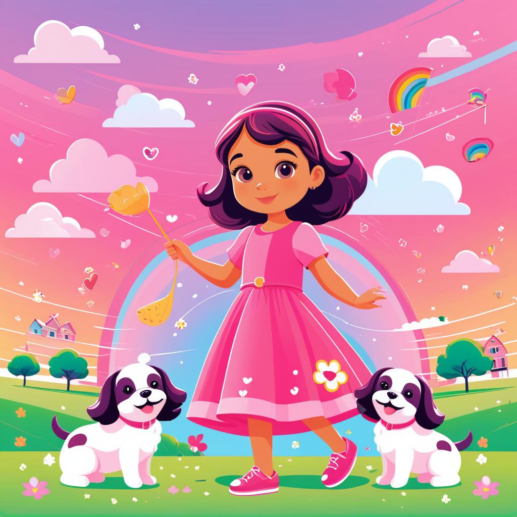 Playful Girl with Puppies in Pink Dress