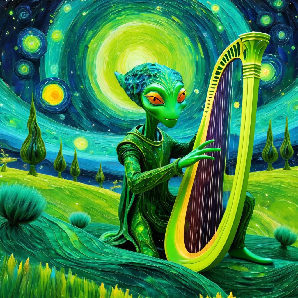 Alien Harpist in Vibrant Fantasy Landscape