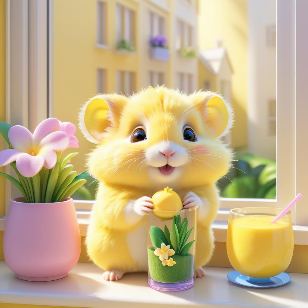 Charming Cartoon Hamster Enjoying Smoothie