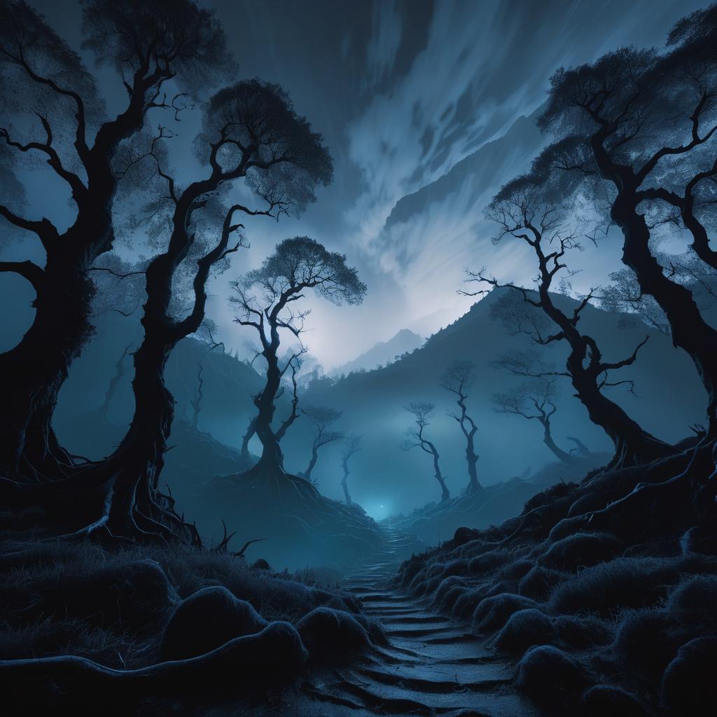 Ominous Dreamscape in Foggy Mountains