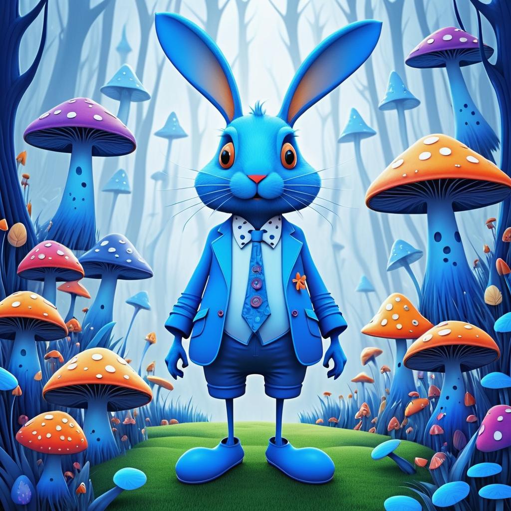 Whimsical Blue Rabbit in Rainy Wonderland