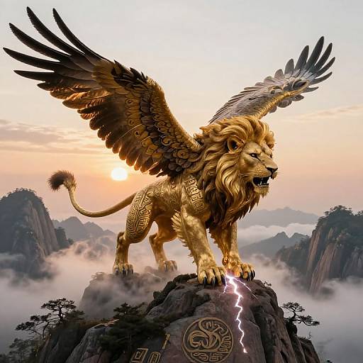 Digital artwork of a golden, winged lion with intricate patterns, standing on a rocky peak during sunset, surrounded by misty mountains.