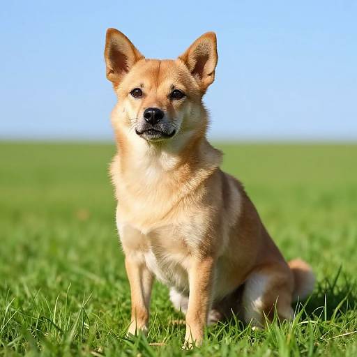 Photograph of a small, tan and white Corgi with upright ears, sitting on lush green grass under a clear blue sky.