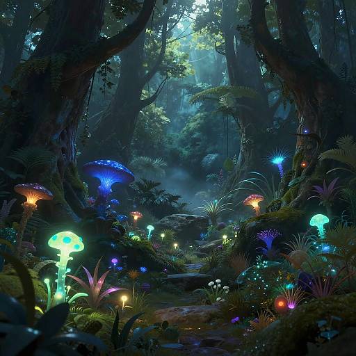 Digital fantasy artwork of a glowing, enchanted forest with bioluminescent mushrooms and plants in vibrant blues, greens, and purples, illuminated by soft