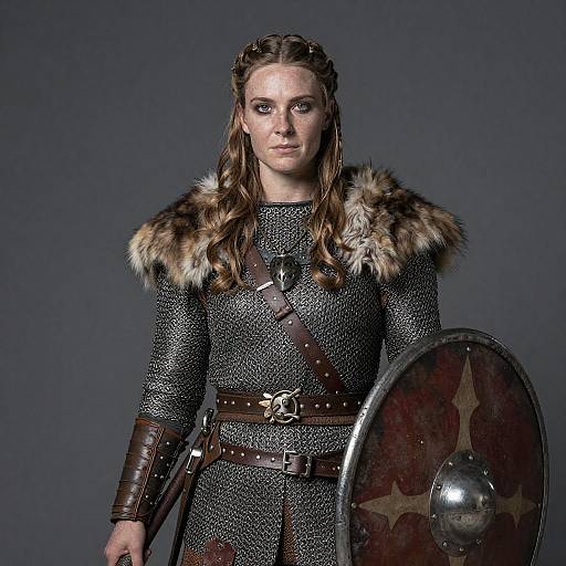Photograph of a stern, fair-skinned woman with long brown hair in medieval armor, holding a shield, with fur-lined shoulder guards, against a