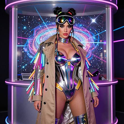 Photograph of a woman in a futuristic, metallic bodysuit with neon accents, fishnet stockings, and a trench coat, wearing goggles, standing